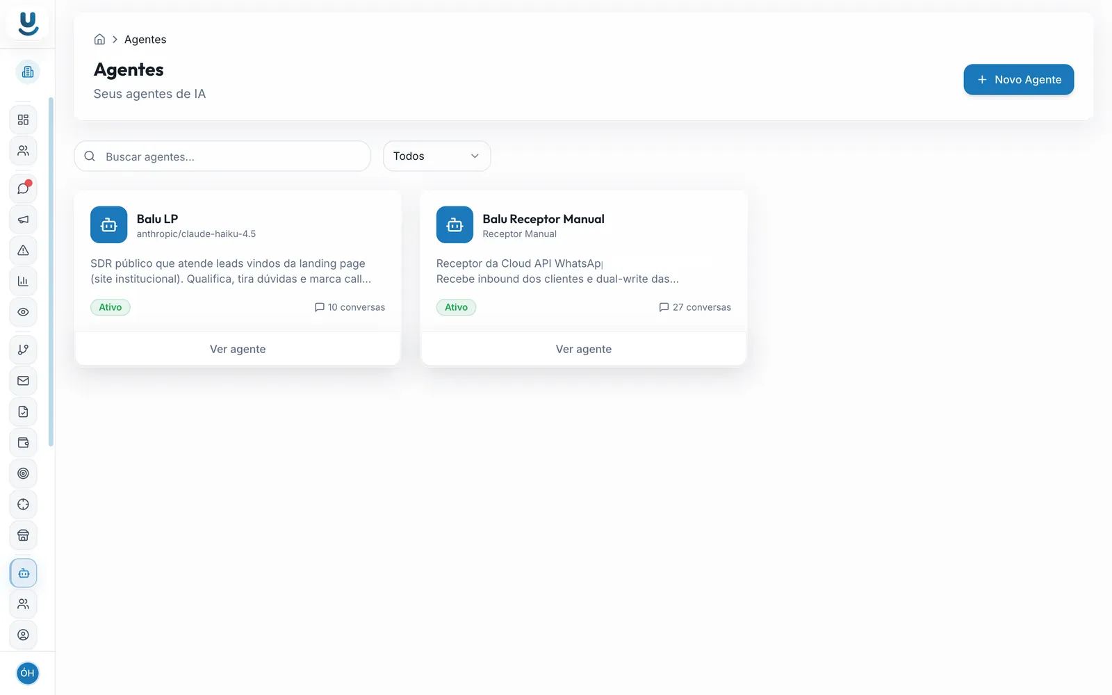 Cards dos agentes de IA, com status e contagem de conversas