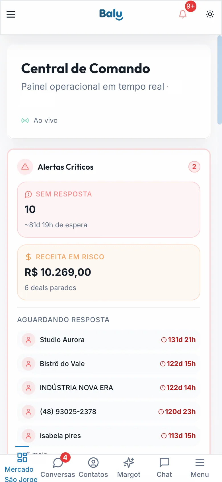 Central de comando do Balu CRM no celular