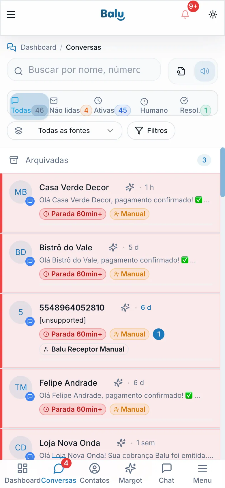 Inbox de conversas do Balu CRM no celular