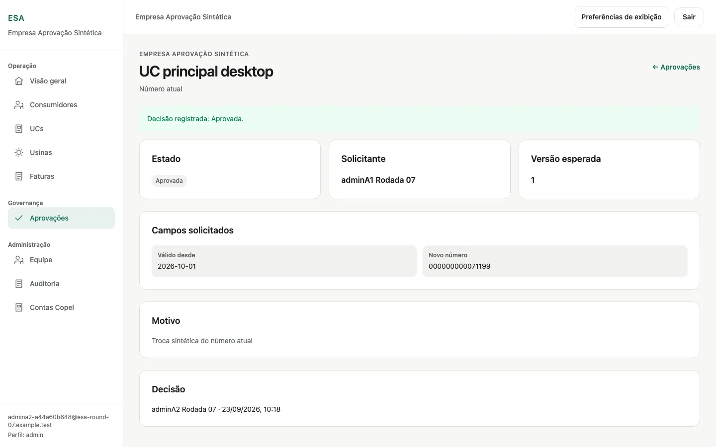 Tela de decisão de aprovação por um segundo administrador