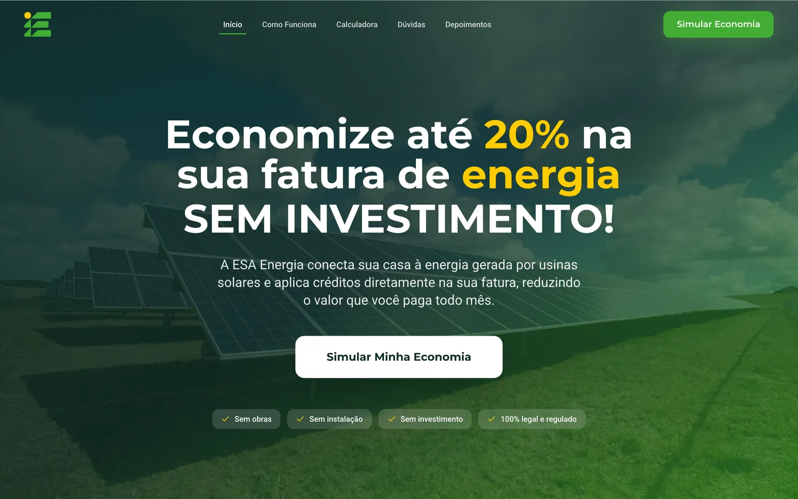 Primeira dobra da landing page da ESA Energia