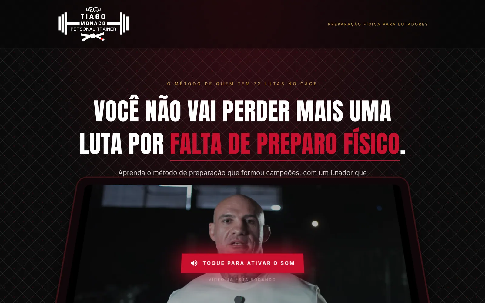 Primeira dobra da landing page do Tiago Mônaco, com vídeo de vendas