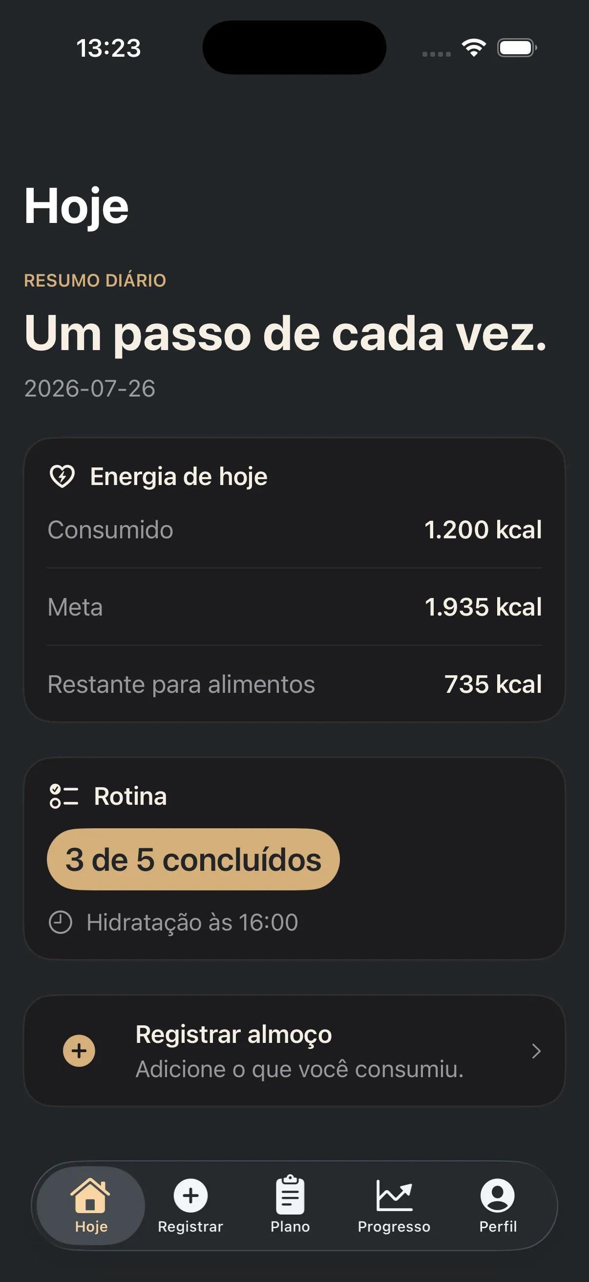 Aba Hoje do app Performe AI em modo escuro
