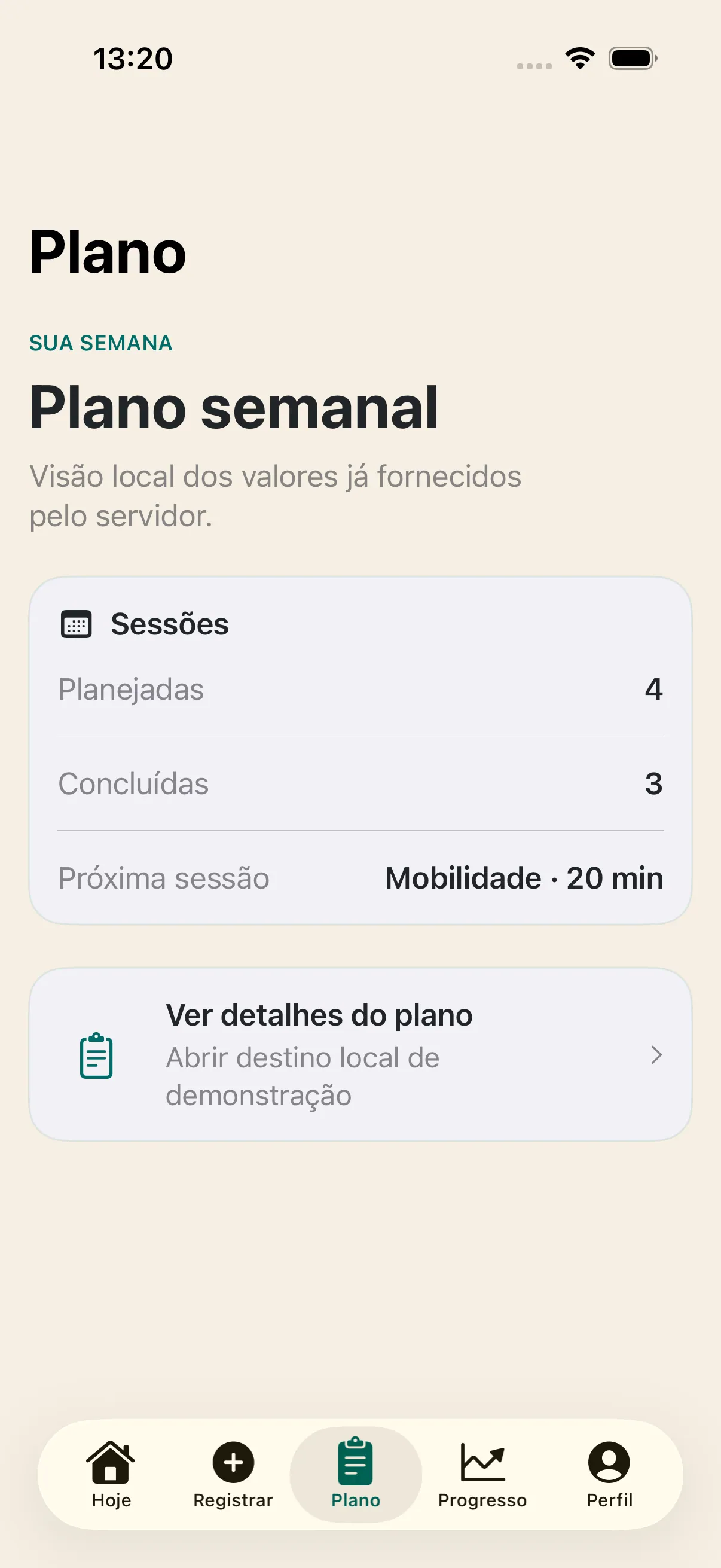 Plano semanal de sessões no app Performe AI