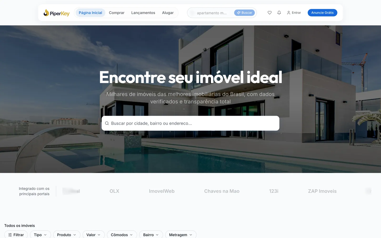 Portal público de imóveis do PiperKey, com busca e portais integrados